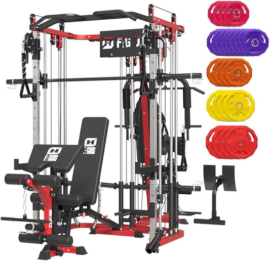 All in One Home Gym System Workout Station, Multi-Function Smithe Machine Power Cage with Cable Crossover System, Tripe-Sided Independent Load Posts, Functional Trainer for Full Body Training
