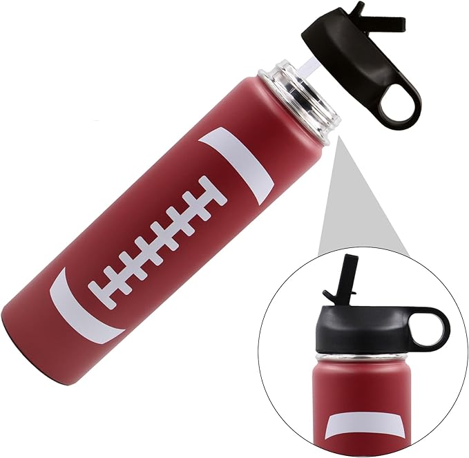 25 oz Football Water Bottle with Straw, Sports Flask Metal Travel Tumbler with 2 Lids, Stainless Steel Double Wall Vacuum Insulated Leak Proof Thermo Water Bottles, Football Gear Gifts for Boys Girls