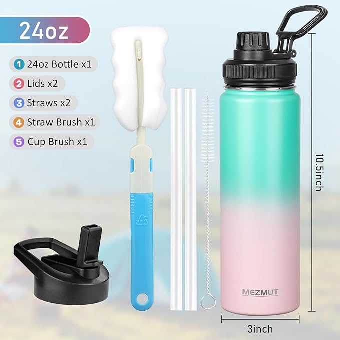 MEZMUT Insulated Water Bottle 24oz Stainless Steel Water Bottles with Straw&2 Lids Sports Metal Water Bottle Cup Double Walled Vacuum Insulated Bottles Leak-Proof Travel (Gradient Green Pink)