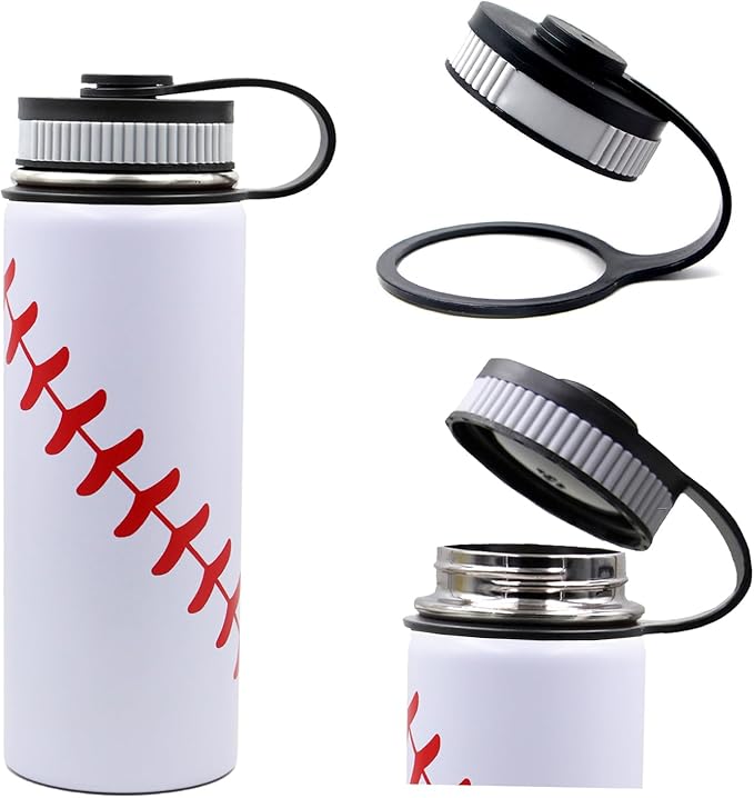 18 oz Baseball Water Bottle, Sports Flask Metal Travel Tumbler with 2 Lids, Stainless Steel Double Wall Vacuum Insulated Leak Proof Thermo Water Bottles, Baseball Accessories Gifts for Mom Boys Girls