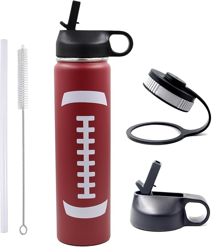 25 oz Football Water Bottle with Straw, Sports Flask Metal Travel Tumbler with 2 Lids, Stainless Steel Double Wall Vacuum Insulated Leak Proof Thermo Water Bottles, Football Gear Gifts for Boys Girls
