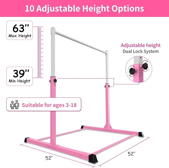 Safe Sturdy Gymnastics Bar for Kids Ages 3-18，Easy to Assemble and Release，3'-5' Adjustable Heigh，Anti-Slip，Steel Home Gym Training Bar for Junior Gymnasts，Gymnastic Equipment for Indoor Practice，All