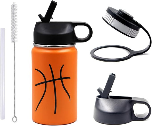 12 oz Basketball Water Bottle, Sports Flask Metal Travel Tumbler with 2 Lids, Stainless Steel Double Wall Vacuum Insulated Thermo Water Bottles, Basketball Accessories Stuff Gifts for Mom Boys Girls