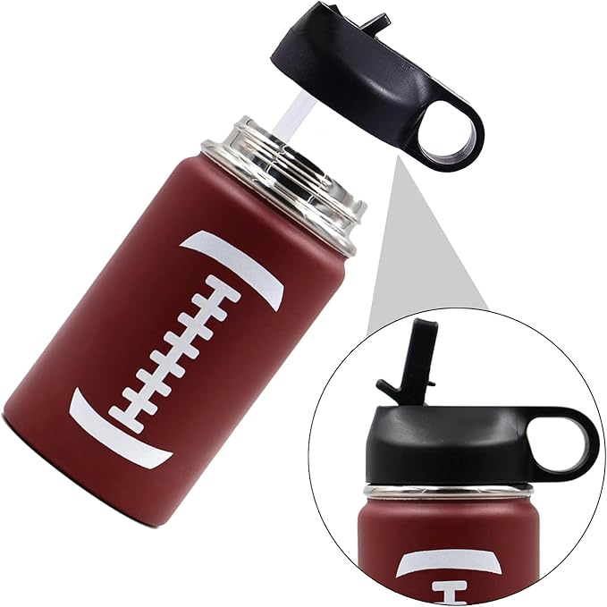 12 oz Football Water Bottle with Straw, Sports Flask Metal Travel Tumbler with 2 Lids, Stainless Steel Double Wall Vacuum Insulated Leak Proof Thermo Water Bottles, Football Gear Gifts for Boys Girls