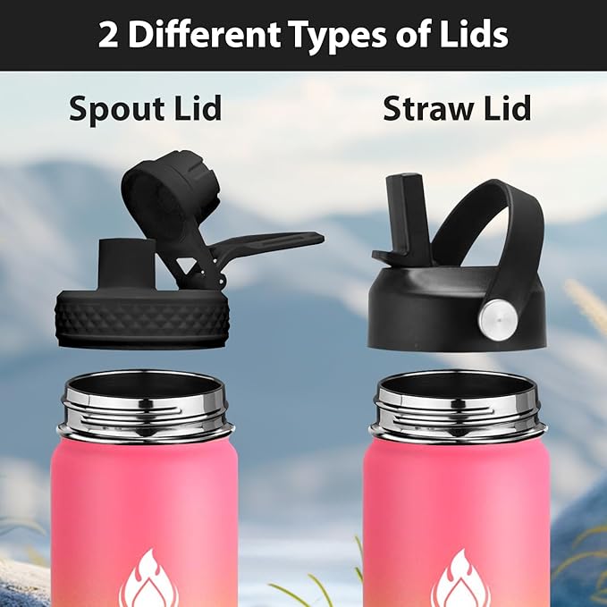 Insulated Water Bottle 32 oz with Straw, Stainless Steel Wide Mouth Water Bottle, Double Wall Vacuum Leak Proof with Straw Lid & Spout Lid for Sports or Office, Keep Cold or Hot Up to 24 Hrs