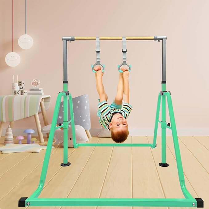 GLANT Gymnastics Bar for Kids with Rings Set, 7 Heights Adjustable Easy Folding Gymnastic Training Bar Kids Monkey Horizontal Bars - Max Load 300LBS