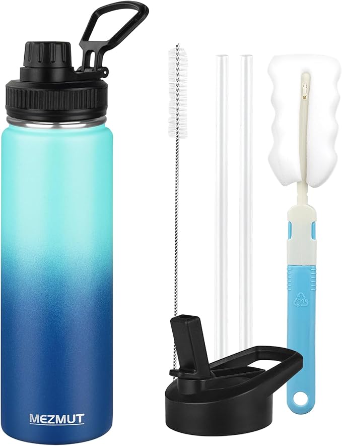 MEZMUT Insulated 24oz Stainless Steel Water Bottle with Straw & 2 Lids - Sports Metal Cup - Double Walled Vacuum Insulated Bottle - Leak-Proof Travel (Gradient Blue)
