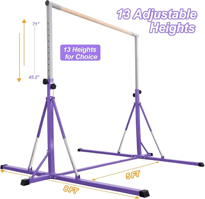 Gymnastics Bar, 5'10” Base length 45" to 71" Adjustable Horizontal Bar for Serious Training, 500 LBS Capacity, Professional Home Gym Equipment with Competition-Grade Beech-covered Fiberglass Bar
