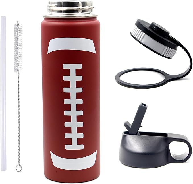 22 oz Football Water Bottle with Straw, Sports Flask Metal Travel Tumbler with 2 Lids, Stainless Steel Double Wall Vacuum Insulated Leak Proof Thermo Water Bottles, Football Gear Gifts for Boys Girls