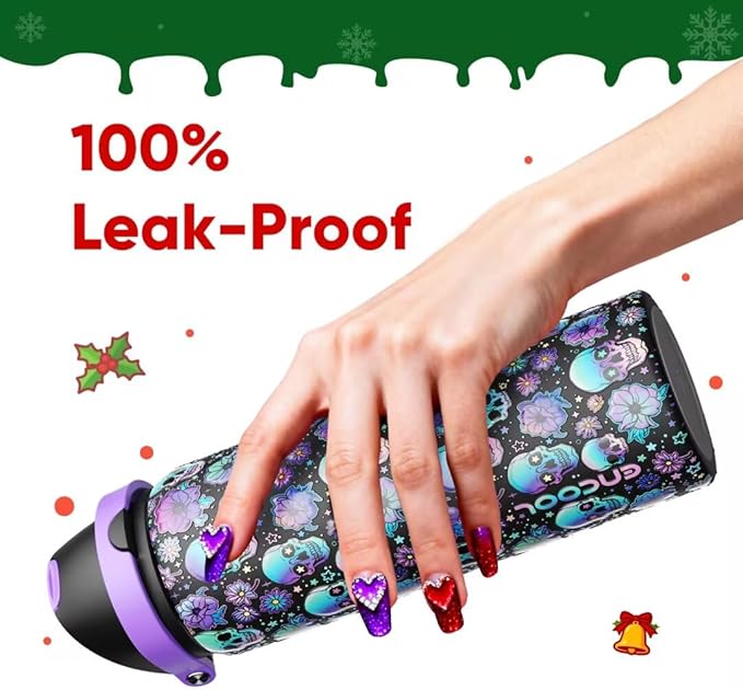 ENCOOL Insulated Water Bottle with Straw Stainless Steel Water Bottle with Push Button Lid, Leak-Proof & BPA-Free, Keeps Cold for 24 Hours for Sports, Travel, Gym (32 oz, Floral Afterlife)