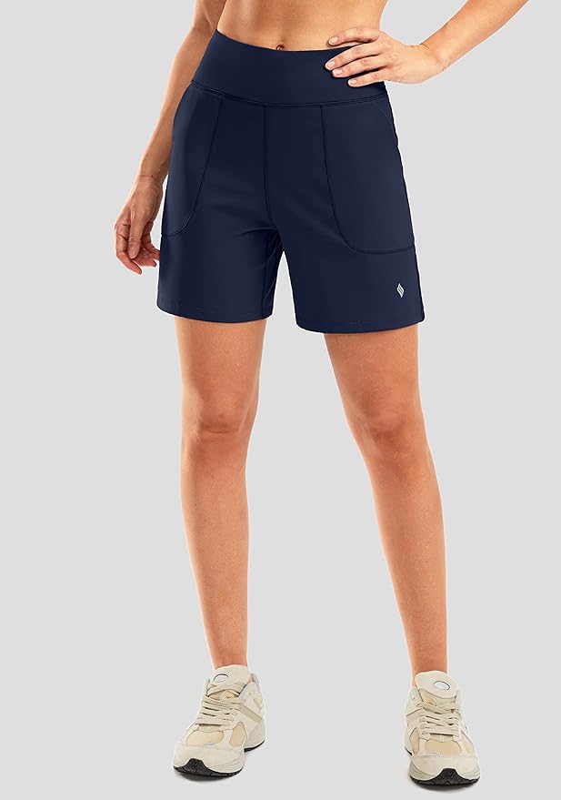 SANTINY Women's 6'' Athletic Long Shorts with 4 Pockets High Waisted Bermuda Shorts for Women Walking Running Casual