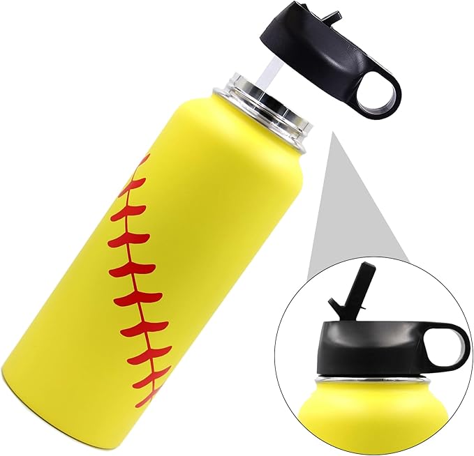 40 oz Softball Water Bottle, Wide Mouth Sports Flask Metal Travel Tumbler with 2 Lids, Stainless Steel Double Wall Vacuum Insulated Leak Proof Thermo Water Jug, Softball Stuff Gifts for Mom Girls