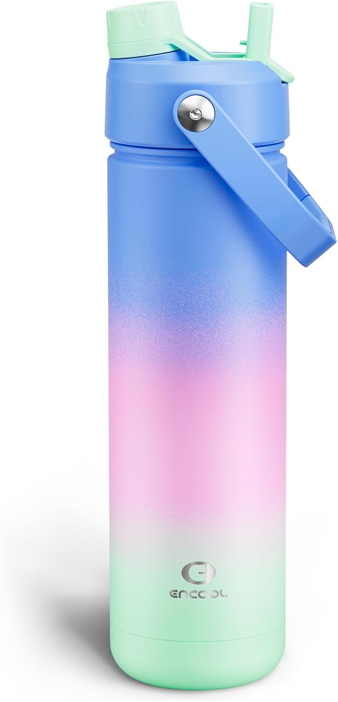ENCOOL Insulated Water Bottle with Straw Stainless Steel Water Bottle, Leak-Proof, BPA-Free, Double Wall Vacuum Keeps Cold for 24 Hours for Sports, Travel, School (26 oz, Frosted Lilac)