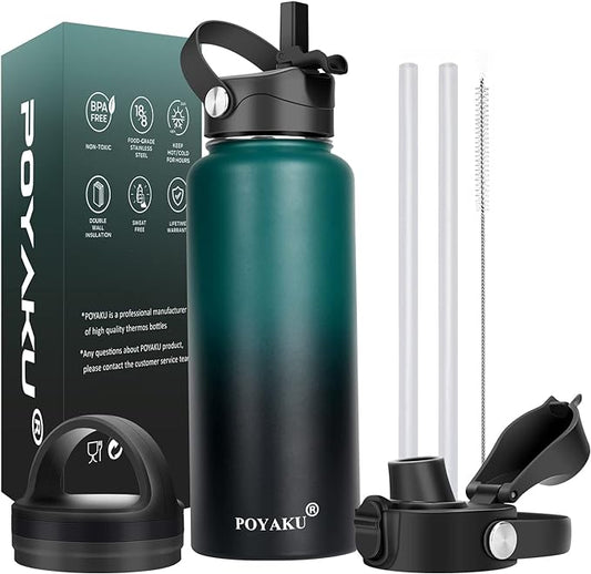 Water Bottle Insulated 32oz 40oz 64oz 128oz Straw Lid Spout Lid & 3 Lids, Leak Proof, Vacuum Insulated,Stainless Steel Water Bottle Wide Mouth for Sports, Gym or Office
