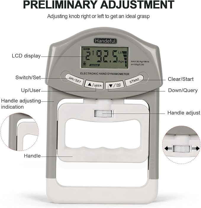 Handeful Grip Strength Tester, Hand Grip Dynamometer (198Lbs / 90Kgs), Electronic Handgrip Testing for Sports Home School Use