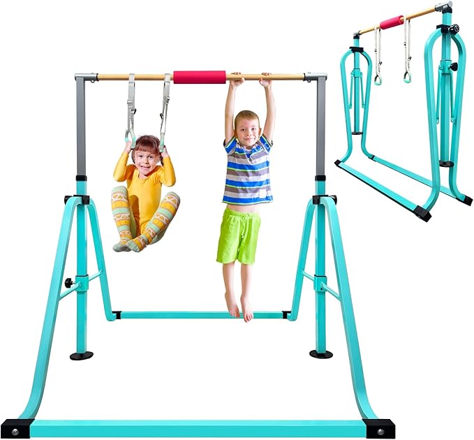 GLANT Gymnastics Bar for Kids with Rings Set, 7 Heights Adjustable Easy Folding Gymnastic Training Bar Kids Monkey Horizontal Bars - Max Load 300LBS