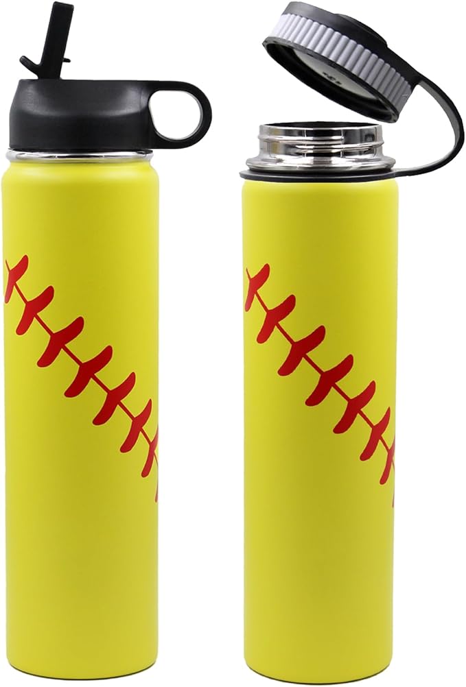 25 oz Softball Water Bottle, Wide Mouth Sports Flask Metal Travel Tumbler with 2 Lids, Stainless Steel Double Wall Vacuum Insulated Leak Proof Thermo Water Bottles, Softball Stuff Gifts for Mom Girls
