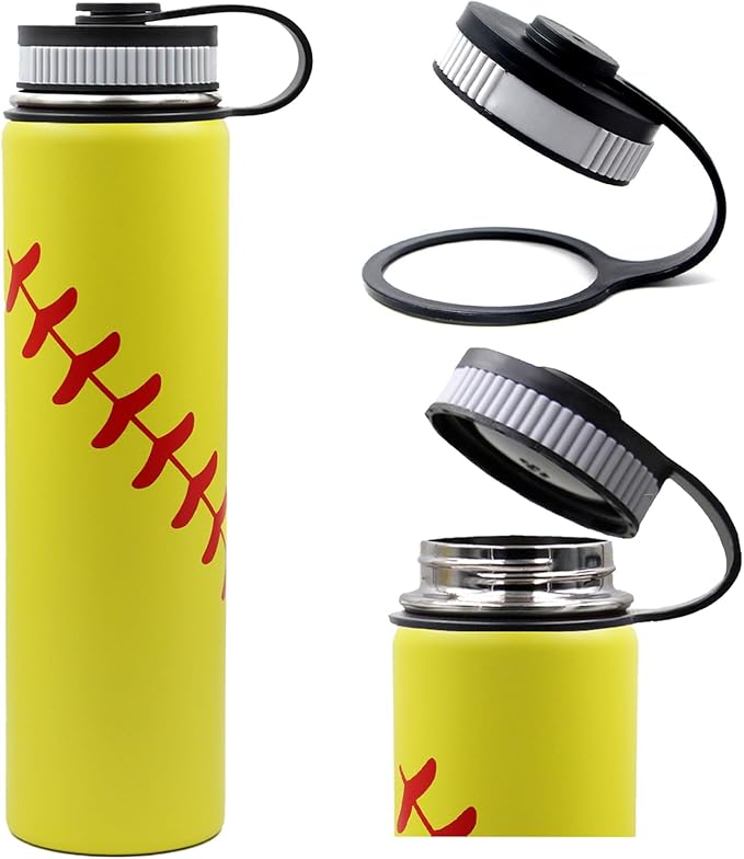 25 oz Softball Water Bottle, Wide Mouth Sports Flask Metal Travel Tumbler with 2 Lids, Stainless Steel Double Wall Vacuum Insulated Leak Proof Thermo Water Bottles, Softball Stuff Gifts for Mom Girls