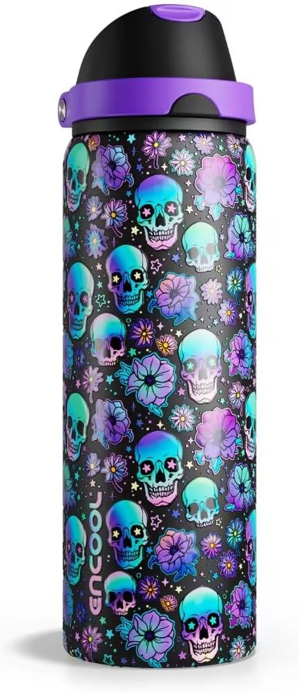 ENCOOL Insulated Water Bottle with Straw Stainless Steel Water Bottle with Push Button Lid, Leak-Proof & BPA-Free, Keeps Cold for 24 Hours for Sports, Travel, Gym (32 oz, Floral Afterlife)