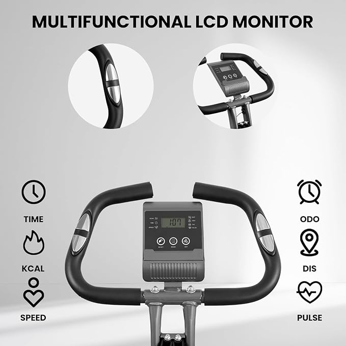 Exercise Bike, 4 IN 1 Stationary Bike, Foldable Folding Exercise Bike with 10-Level Magentic Resistance, Support Back Pad and Phone/Tablet Holder, Arm Resistance Band, Pulse Sensor, LCD Monitor for Home Workout 265LB Capacity