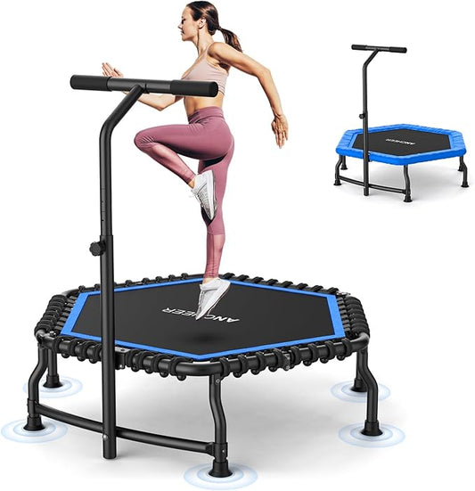 ANCHEER Trampoline, 50'' Rebounder Trampoline for Adult with Bar, Indoor Outdoor Mini Trampoline, 550LBS Fitness Trampoline with Bungee, Jumping Cardio Equipment, Exercise Trampoline at Home Gym
