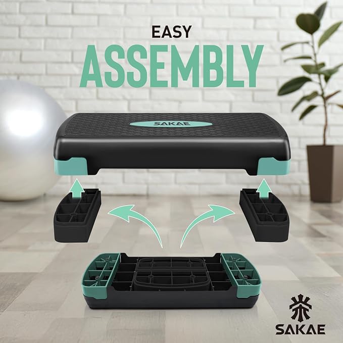 SAKAE Step Aerobics Platform Set with Dumbbells & Measuring Tape, Aerobic Steppers for Exercise at Home, Adjustable Height 2 Level Risers Workout Step Trainer with Non-Slip Surface, Multiple Colors