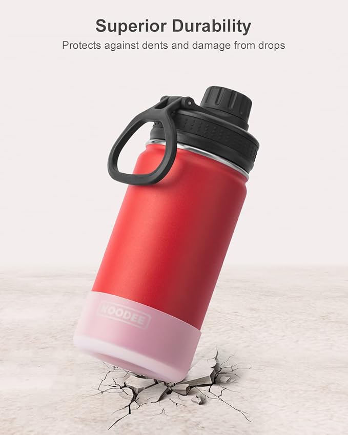 koodee Small 12 oz Stainless Steel Vacuum Insulated Wide Mouth Water Bottle with Leakproof Spout Lid (Canyon Red)