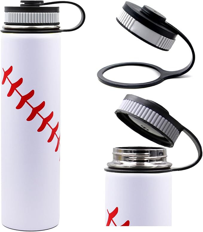 25 oz Baseball Water Bottle, Sports Flask Metal Travel Tumbler with 2 Lids, Stainless Steel Double Wall Vacuum Insulated Leak Proof Thermo Water Bottles, Baseball Accessories Gifts for Mom Boys Girls