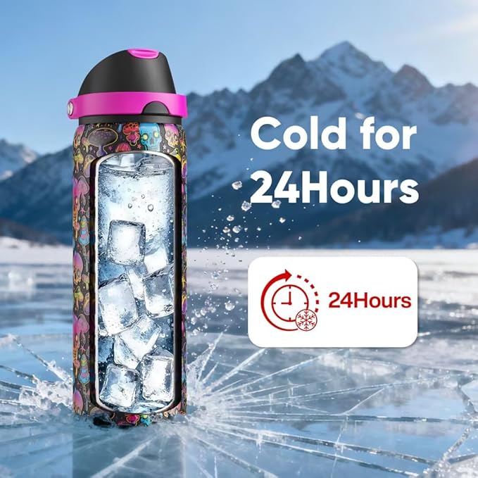 ENCOOL Insulated Water Bottle with Straw Stainless Steel Water Bottle with Push Button Lid, Leak-Proof & BPA-Free, Keeps Cold for 24 Hours for Sports, Travel, Gym (32 oz, Trippy Skulls)