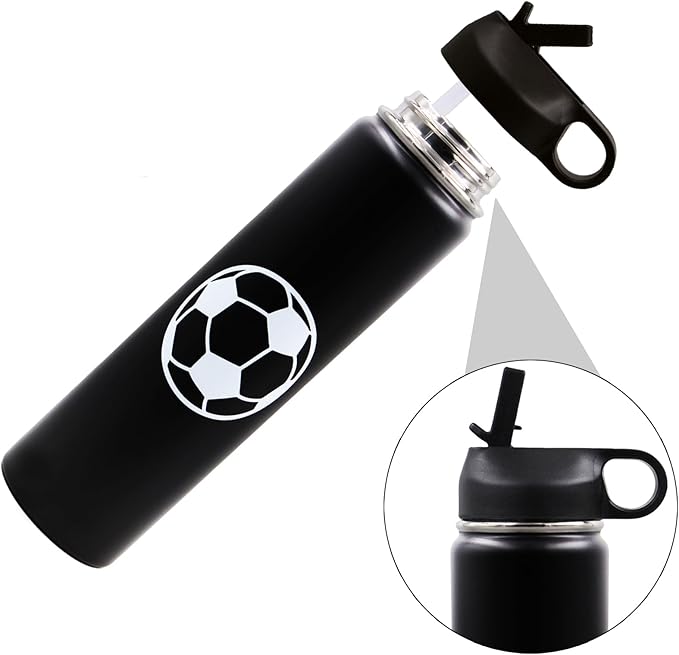 25 oz Soccer Water Bottle with Straw, Sports Flask Metal Travel Tumbler with 2 Lids, BPA Free Stainless Steel Double Wall Vacuum Insulated Leak Proof Thermo Water Bottles, Soccer Gifts for Boys Girls
