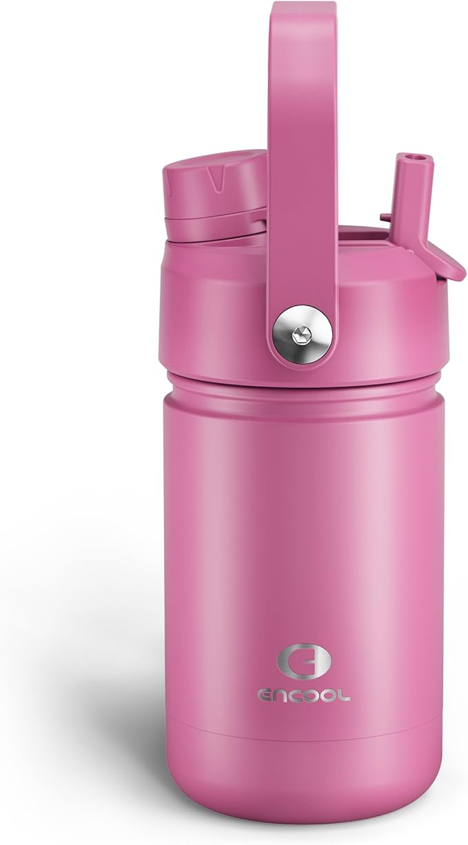 Kids Insualated Water Bottle with Straw - 12oz Stainless Steel Water Bottle with Dual Spouts, Leak-Proof, BPA-Free, Double Wall Vacuum Keeps Cold for 24 Hours for Sports, Travel, School (Turkish Rose)