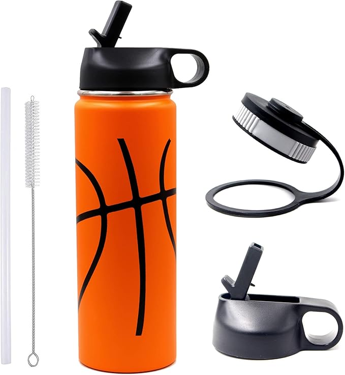 22 oz Basketball Water Bottle, Sports Flask Metal Travel Tumbler with 2 Lids, Stainless Steel Double Wall Vacuum Insulated Thermo Water bottles, Basketball Accessories Stuff Gifts for Mom Boys Girls