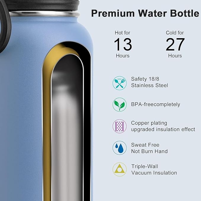 koodee Insulated Water Bottle, 32 oz Stainless Steel Double Wall Vacuum Wide Mouth Sport Bottle with Leakproof Spout Lid (Royal Blue)