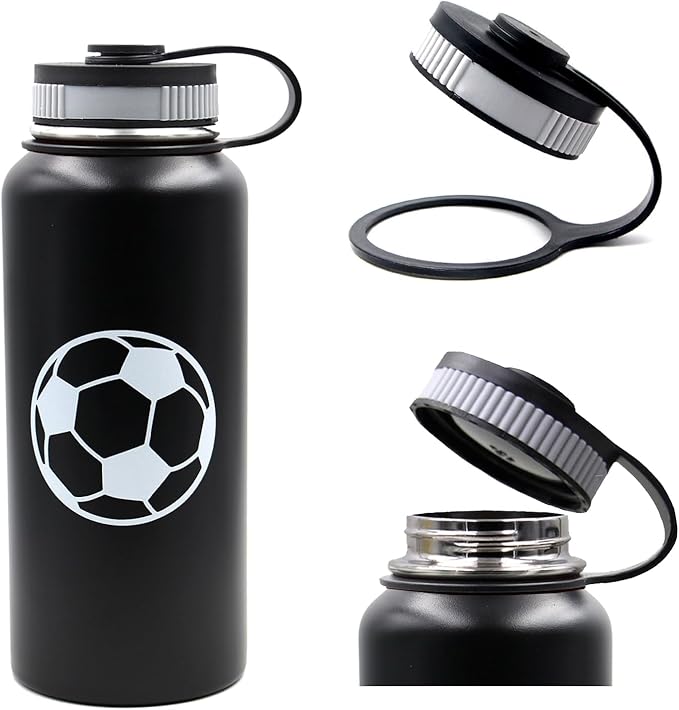 32 oz Soccer Water Bottle with Straw, Wide Mouth Sports Flask Metal Travel Tumbler with 2 Lids, Stainless Steel Double Wall Vacuum Insulated Leakproof Thermo Water Bottles, Soccer Gifts for Boys Girls