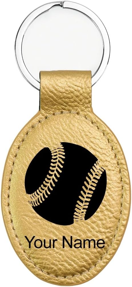 LaserGram Oval Keychain, Baseball Ball, Personalized Engraving Included (Gold)