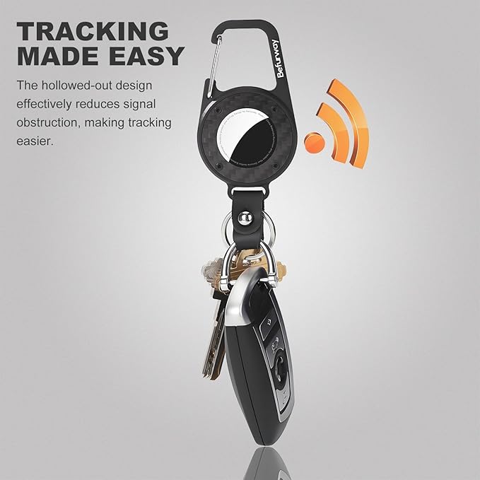 AirTag Holder Keychain - Premium Leather & Carbon Fiber Case with Secure Locking Carabiner | Compatible with Apple AirTag for Keys, Luggage, Backpacks, Bags (Black)