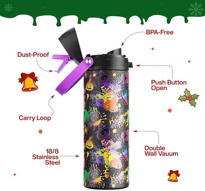 ENCOOL Insulated Water Bottle with Straw Stainless Steel Water Bottle with Push Button Lid, Leak-Proof & BPA-Free, Keeps Cold for 24 Hours for Sports, Travel, Gym (24 oz, Ghost Party)