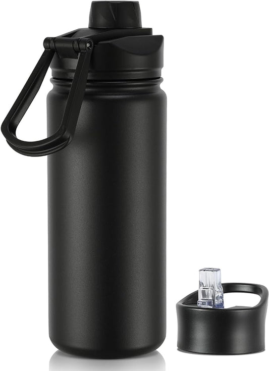 16 oz Insulated Water Bottle with Straw Lids, Stainless Steel Kids Water Bottles for School, Double Wall Vacuum Metal Water Bottle with Straw & Wide Mouth Lid, Black 1 Pack