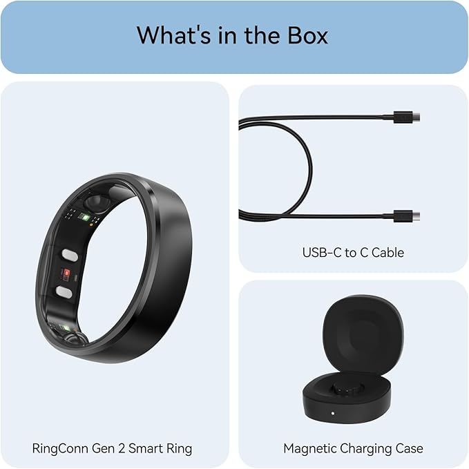 RingConn Gen 2, World’s First Smart Ring with Sleep Apnea Monitoring, No APP Subscription, 12-Day Battery Life, Stress/Heart Rate/Women's Health Tracker, Android & iOS Compatible (Black, Size 7)