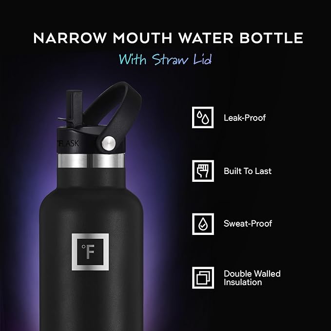 IRON °FLASK Camping & Hiking Hydration Flask with Straw, BPA-Free Insulated Stainless Steel Sports Water Bottle - 32 oz Twilight Blue