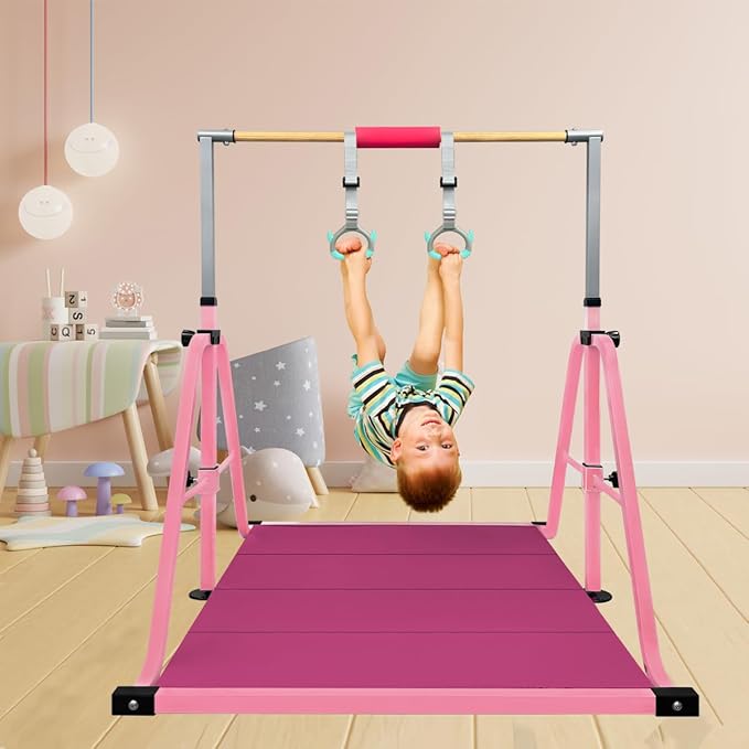 GLANT Gymnastics Bar for Kids with Rings Set, 7 Heights Adjustable Easy Folding Gymnastic Training Bar Kids Monkey Horizontal Bars - Max Load 300LBS