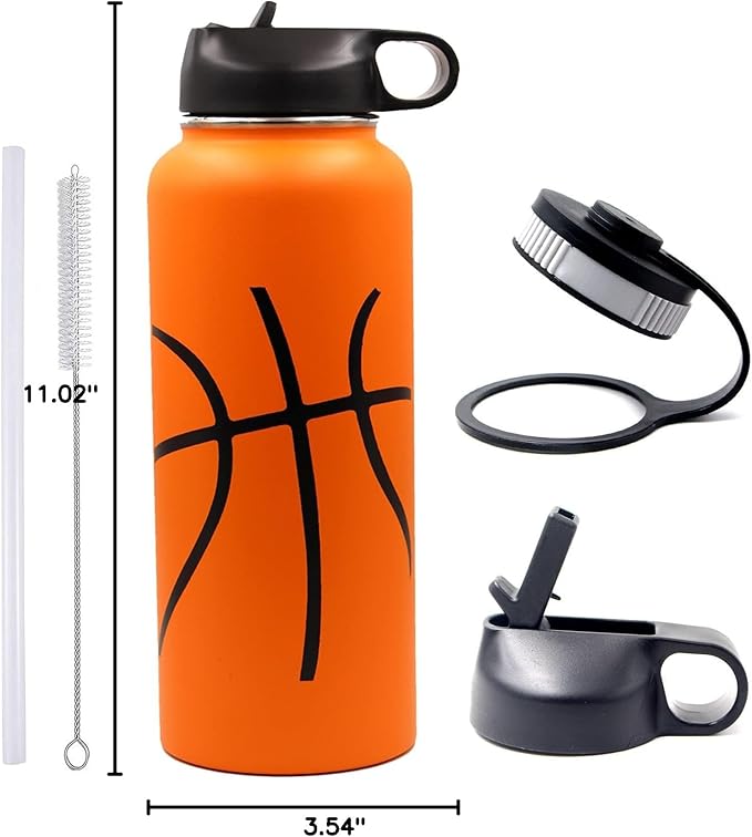 40 oz Basketball Water Bottle, Wide Mouth Sports Flask Metal Travel Tumbler with 2 Lids, Stainless Steel Double Wall Vacuum Insulated Thermo Water Jug, Basketball Accessories Gifts for Boys Girls