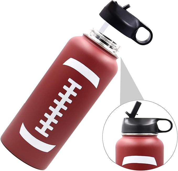 40 oz Football Water Bottle with Straw, Wide Mouth Sports Flask Metal Travel Tumbler with 2 Lids, Stainless Steel Double Wall Vacuum Insulated Thermo Water Jug, Football Gear Gifts for Boys Girls
