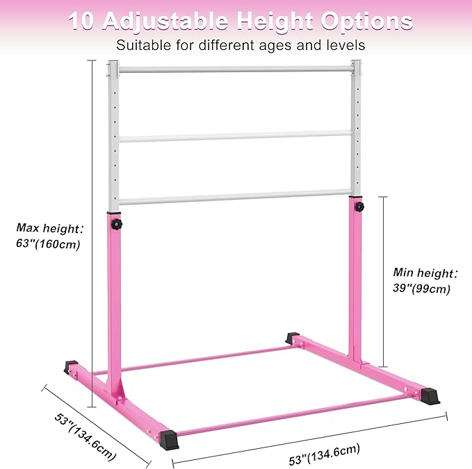 Gymnastics Bar for Kids Ages 3-15, 3' to 5' Adjustable Height, Gymnastic Kip Bar Horizontal Bar for Gymnas, Anti-Slip and Easy to Assemble, Home Gym Equipment Indoor for Girls, Boys
