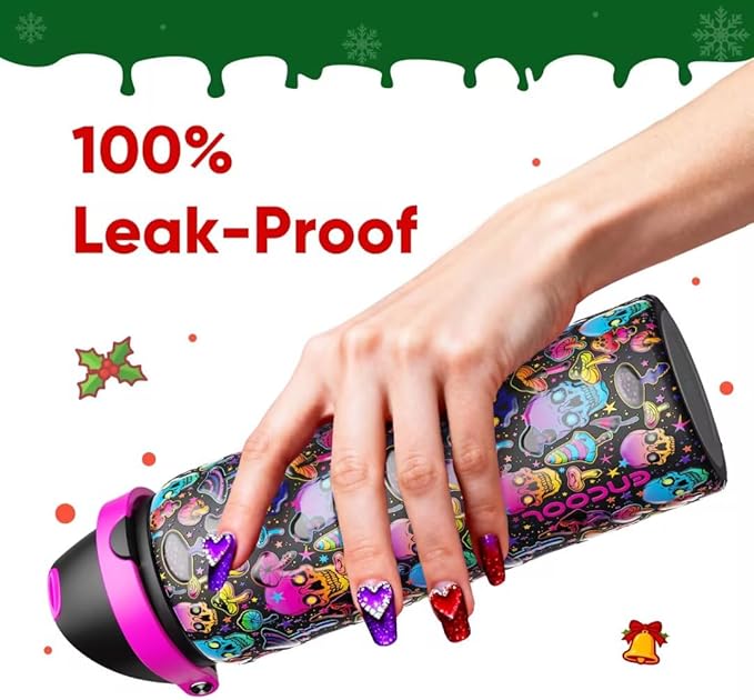 ENCOOL Insulated Water Bottle with Straw Stainless Steel Water Bottle with Push Button Lid, Leak-Proof & BPA-Free, Keeps Cold for 24 Hours for Sports, Travel, Gym (32 oz, Trippy Skulls)