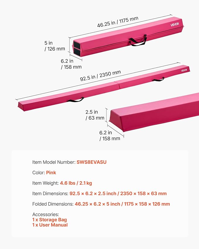 VEVOR 8FT Balance Beam for Kids, 200-350LBS Stable Support Gymnastics Floor Beam with Non-Slip Mat, Wood-Core/EVA Gymnastics Training Equipment with Anti-Slip Bottom & Carry Bag for Home Gym