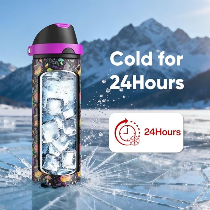 ENCOOL Insulated Water Bottle with Straw Stainless Steel Water Bottle with Push Button Lid, Leak-Proof & BPA-Free, Keeps Cold for 24 Hours for Sports, Travel, Gym (24 oz, Meowgic Night)