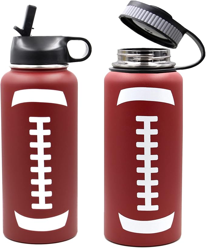 32 oz Football Water Bottle with Straw, Wide Mouth Sports Flask Metal Travel Tumbler with 2 Lids, Stainless Steel Double Wall Vacuum Insulated Thermo Water Bottles, Football Gear Gifts for Boys Girls