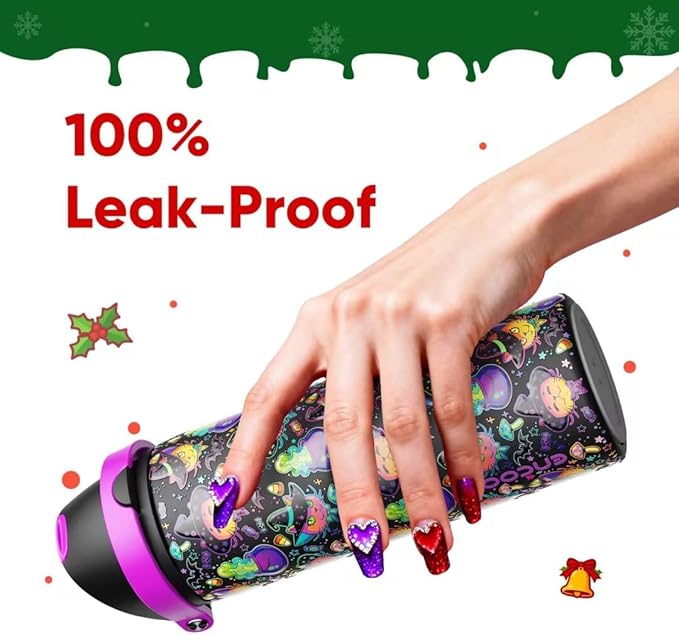 ENCOOL Insulated Water Bottle with Straw Stainless Steel Water Bottle with Push Button Lid, Leak-Proof & BPA-Free, Keeps Cold for 24 Hours for Sports, Travel, Gym (24 oz, Meowgic Night)
