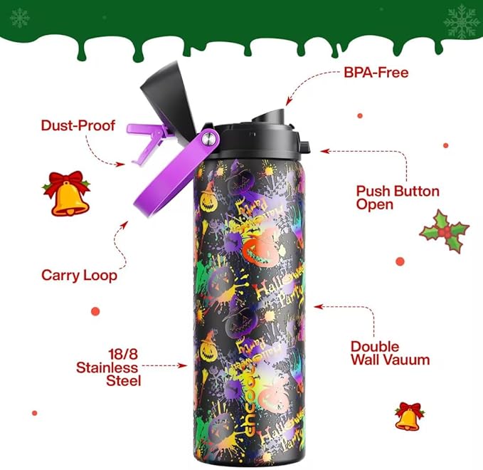 ENCOOL Insulated Water Bottle with Straw Stainless Steel Water Bottle with Push Button Lid, Leak-Proof & BPA-Free, Keeps Cold for 24 Hours for Sports, Travel, Gym (32 oz, Ghost Party)